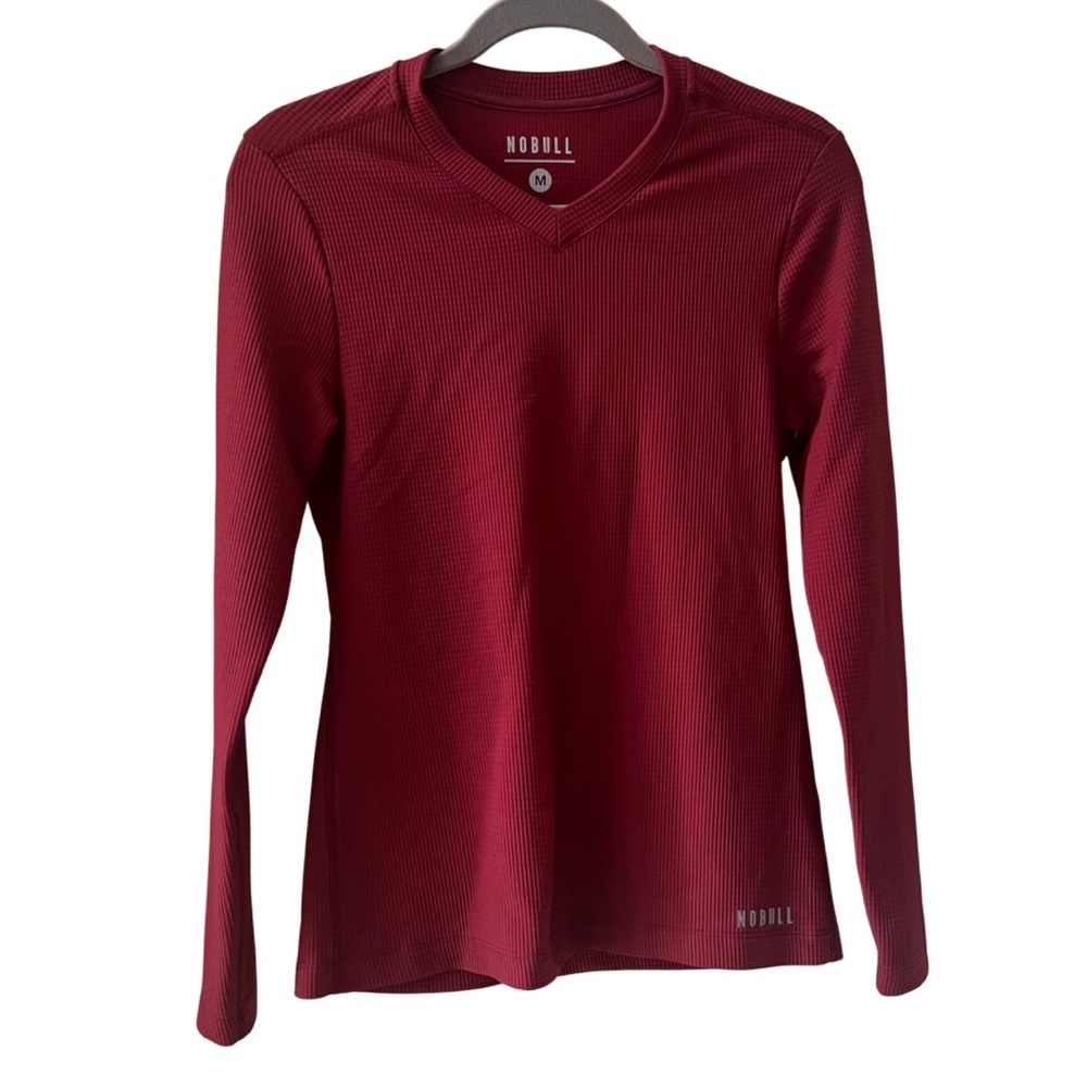 Nobull V-Neck Women’s heavy crewneck Long Sleeve Waffle, Red, Size Medium